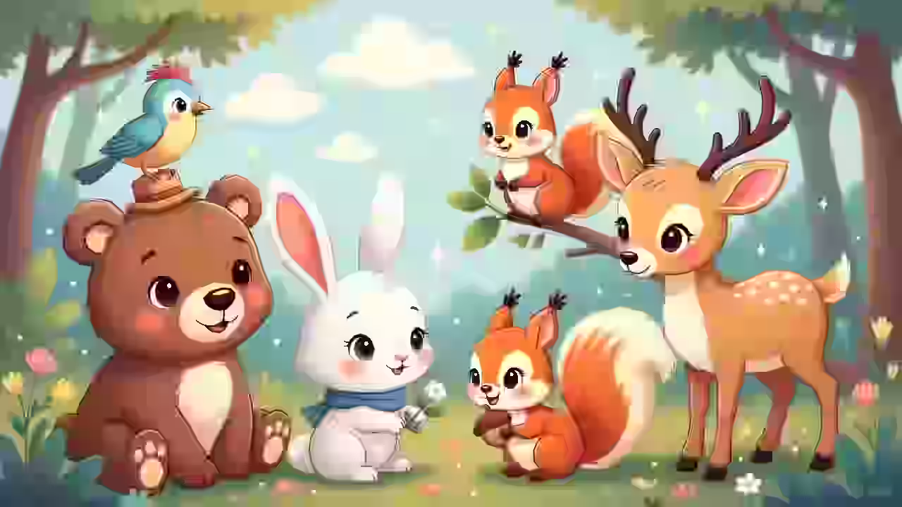 Cute-and-friendly-cartoon-animals-playing-together-in-a-magical-forest-with-sparkles-pastel-colors-and-soft-rounded-shapes-kids