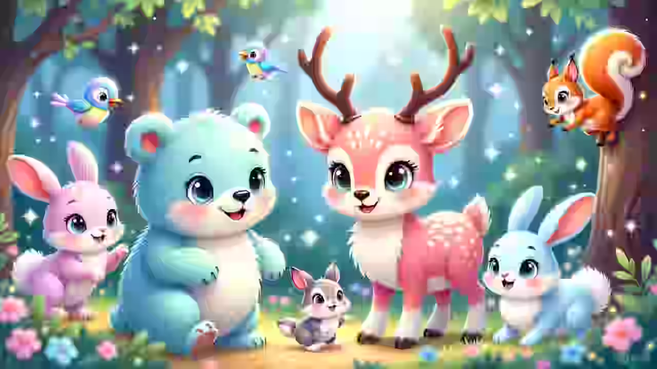Cute-and-friendly-cartoon-animals-playing-together-in-a-magical-forest-with-sparkles-pastel-colors-and-soft-rounded-shapes