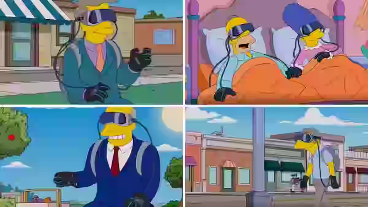 Simpsons-Friends-and-Family-season-28-episode-2-with-Springfield-resident-wearing-virtual-reality-headset-in-public-and-falling-into-manholes