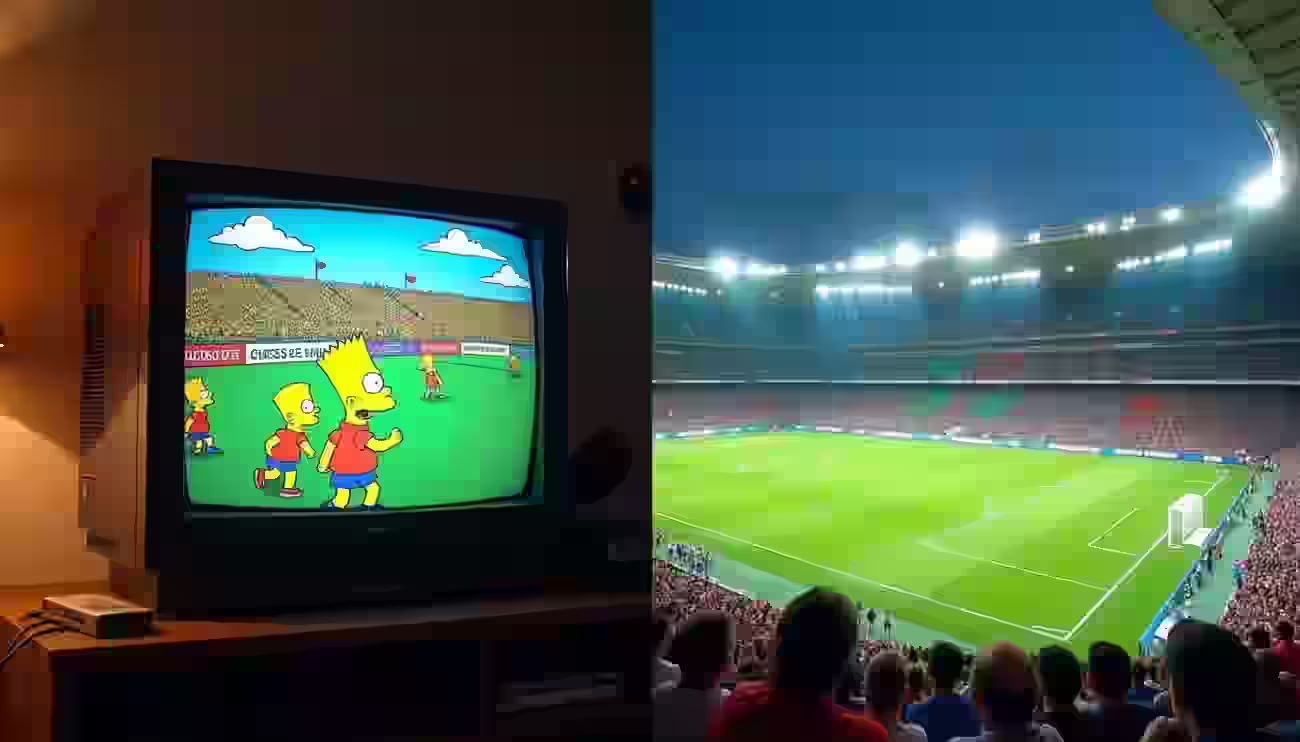 Split-image-showing-Bart-Simpson-playing-soccer-on-an-old-TV-screen-and-a-crowded-illuminated-soccer-stadium-at-night