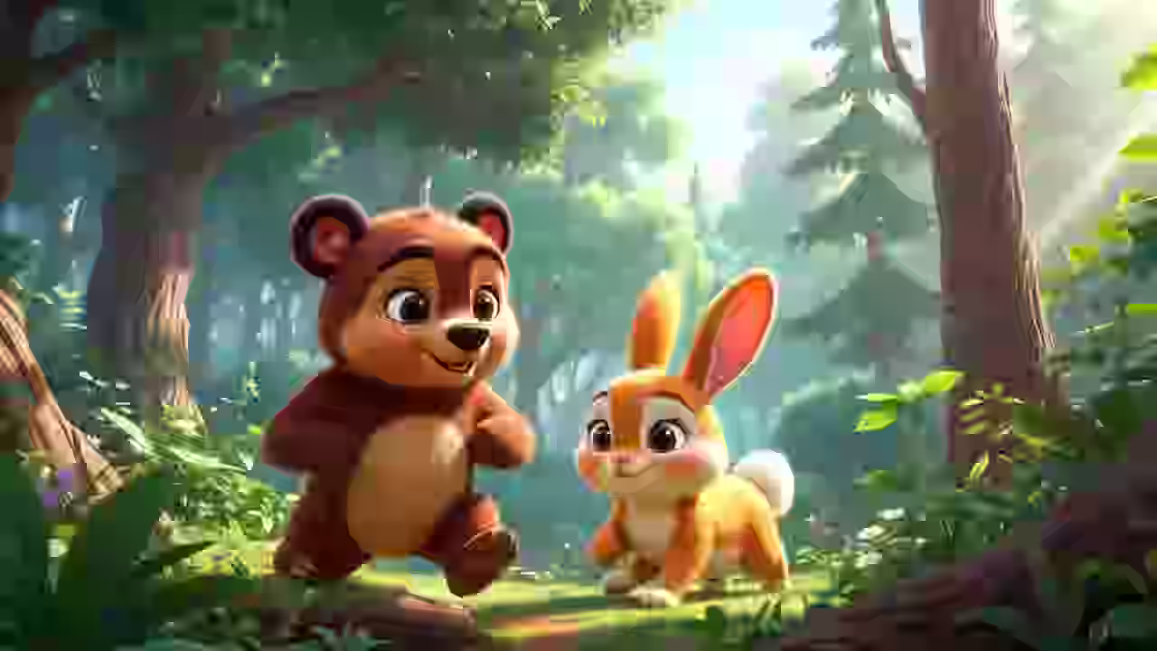 services-02 a-heartwarming-animated-forest-scene-in-a-Disney-Pixar-inspired-style-featuring-two-friendly-animal-characters-exploring-a-lush-green-woodland