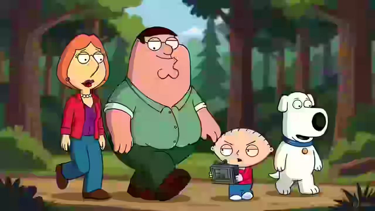services-04 humorous-Family-Guy-animated-forest-scene-featuring-Peter-Lois-Stewie-and-Brian-hiking-through-a-bright-exaggerated-cartoon-woodland