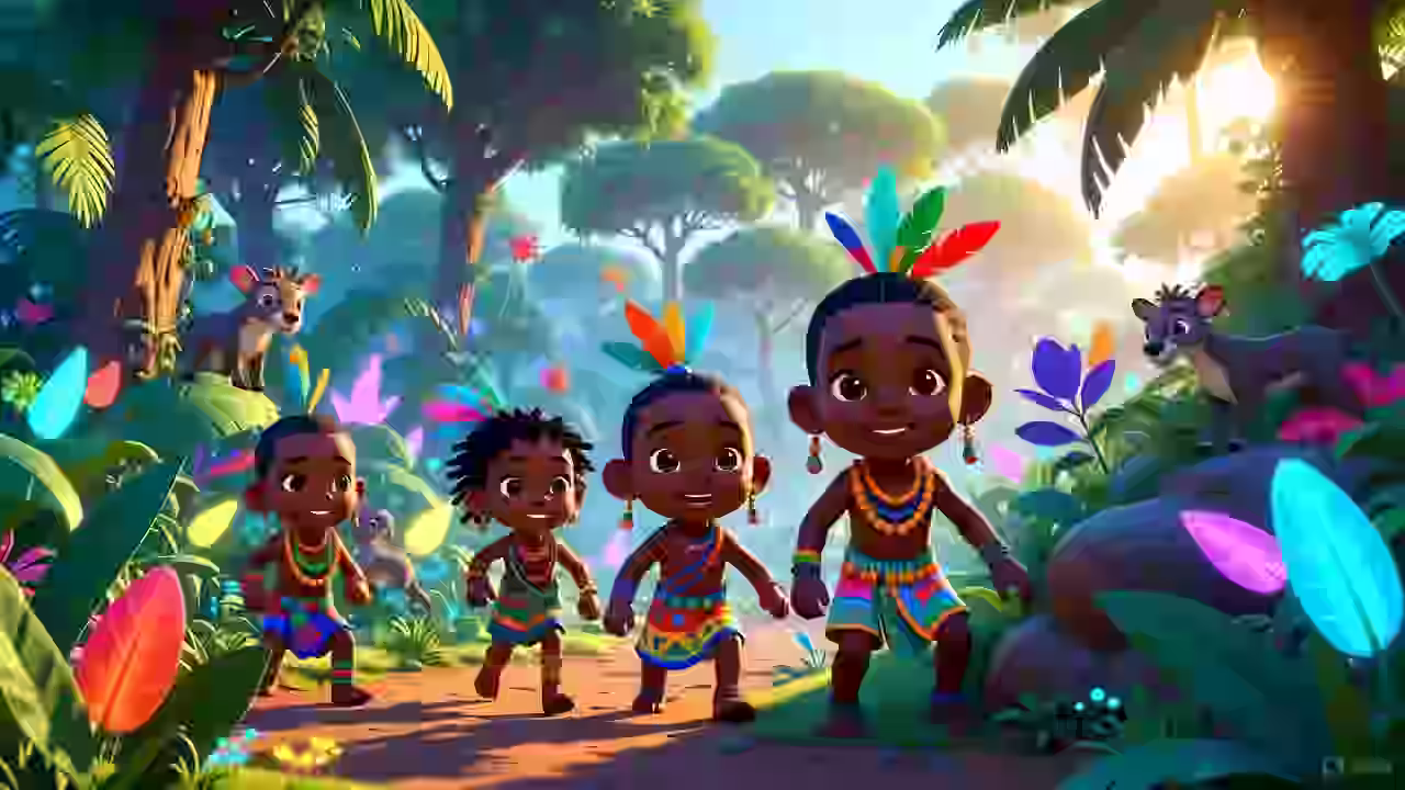 vibrant-animated-African-forest-scene-featuring-expressive-cartoon-characters-children-exploring-a-lush-colorful-jungle-filled-with-glowing-plants-tall-trees-friendly-animal